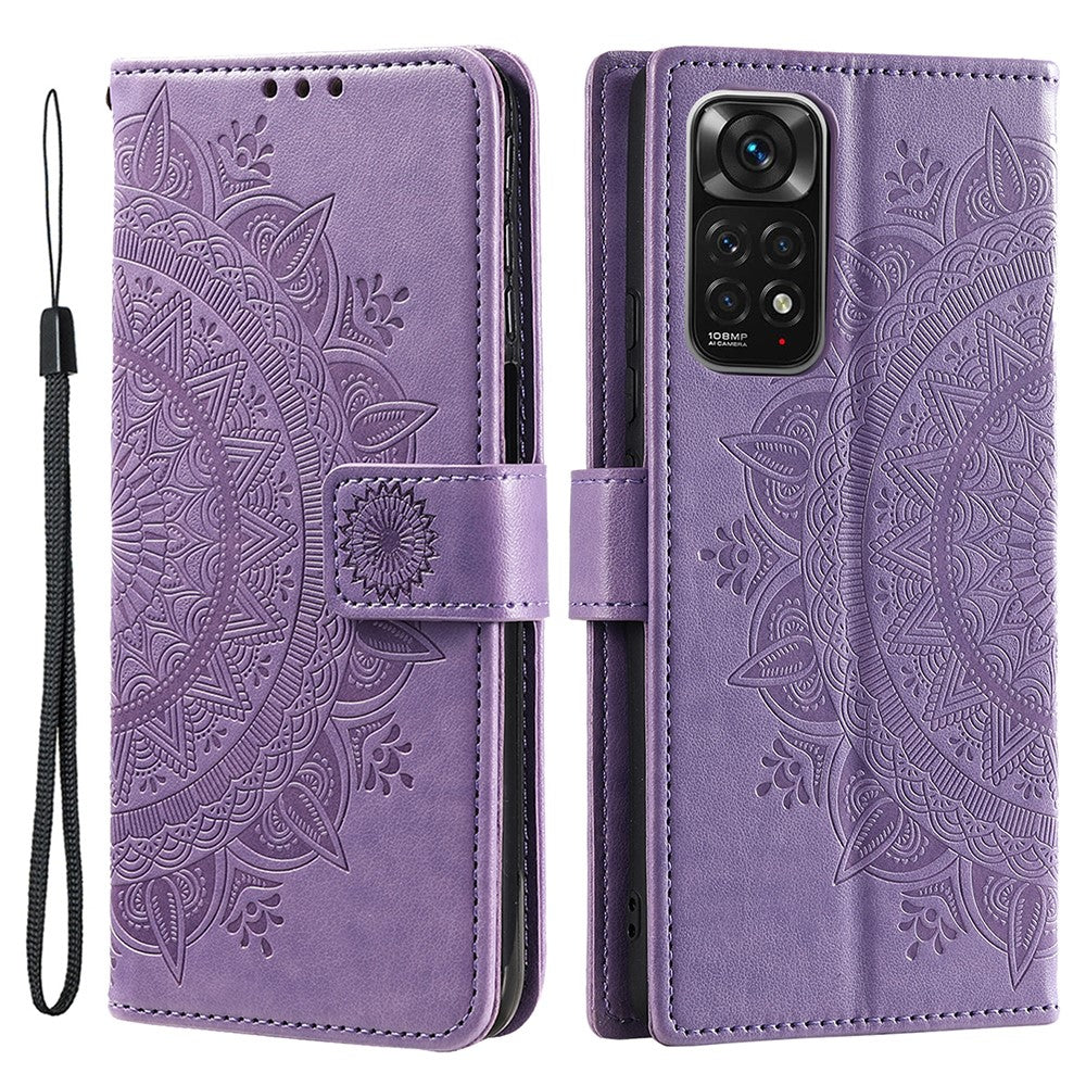 Xiaomi Redmi Note 11S 4G/Note 11 4G (Qualcomm) Läderfodral med präglad mandalablomma, plånboksfodral, mobilskal med handledsrem