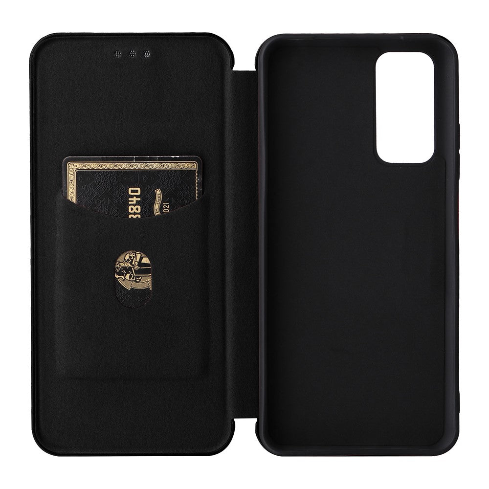 For Xiaomi Redmi Note 11S 4G / Redmi Note 11 4G (Qualcomm) Carbon Fiber Texture PU Leather Case Magnetic Horizontal Flip Stand Cover with Card Slot