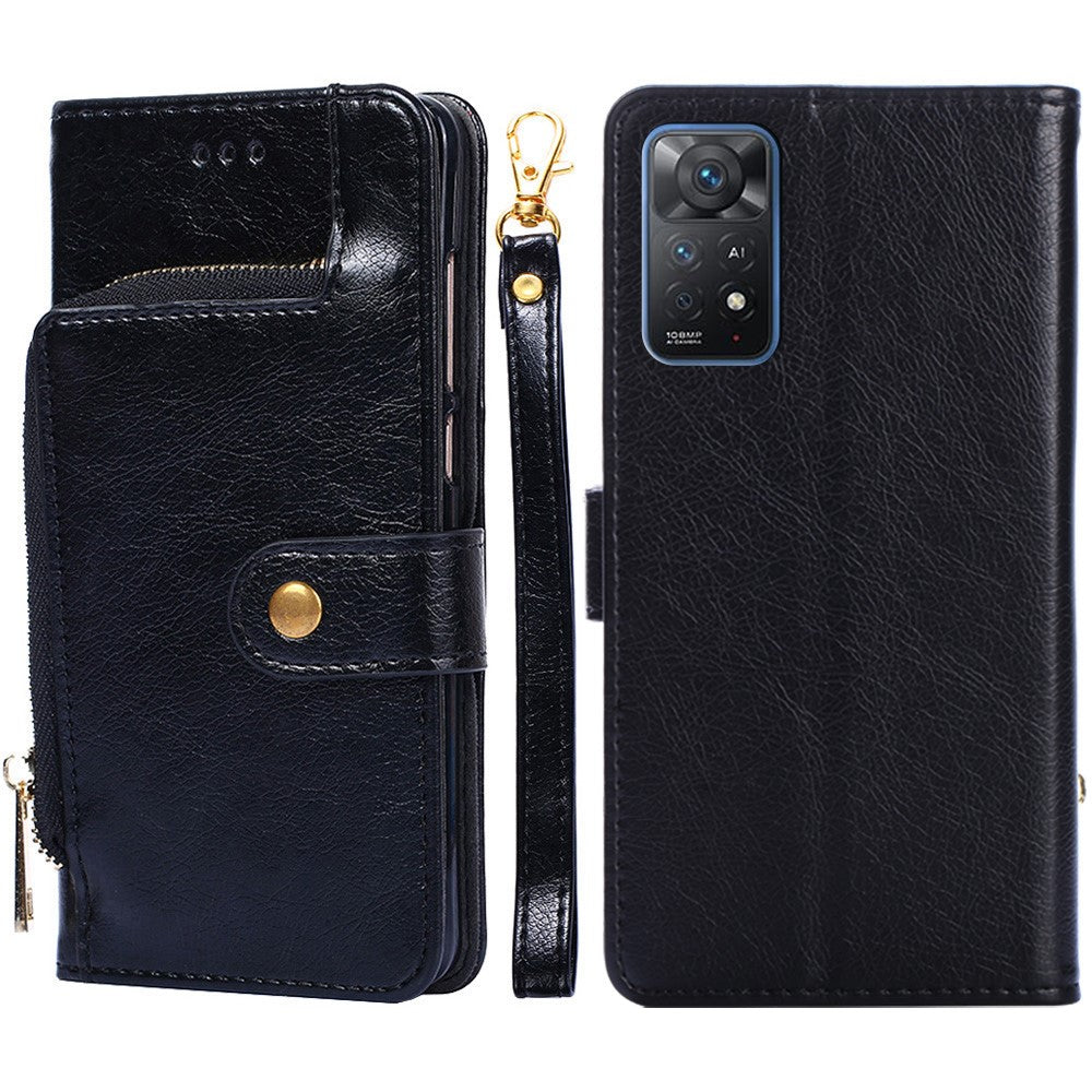 For Xiaomi Redmi Note 12 Pro 4G / 11 Pro 4G (MediaTek) / Note 11 Pro 5G (Qualcomm) PU Leather Magnetic Closure Zipper Pocket Wallet Stand Anti-fall Case Cover with Strap