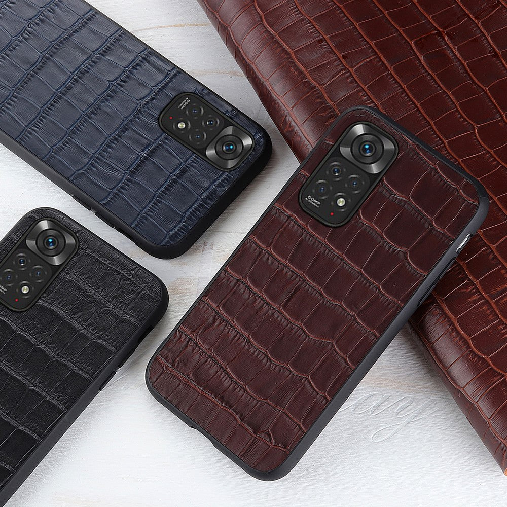 Crocodile Texture Genuine Leather Phone Case for Xiaomi Redmi Note 11 4G (Qualcomm)/Note 11S 4G, Coated PC + TPU Hybrid Case