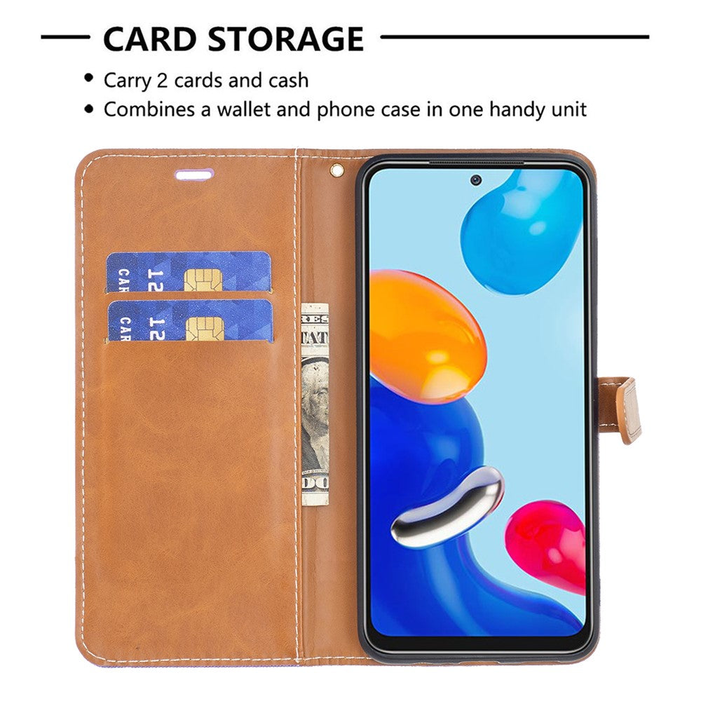 For Xiaomi Redmi Note 11 4G (Qualcomm) Jeans Cloth Texture Color Splicing Leather Cover Wallet Stand Flip Phone Case