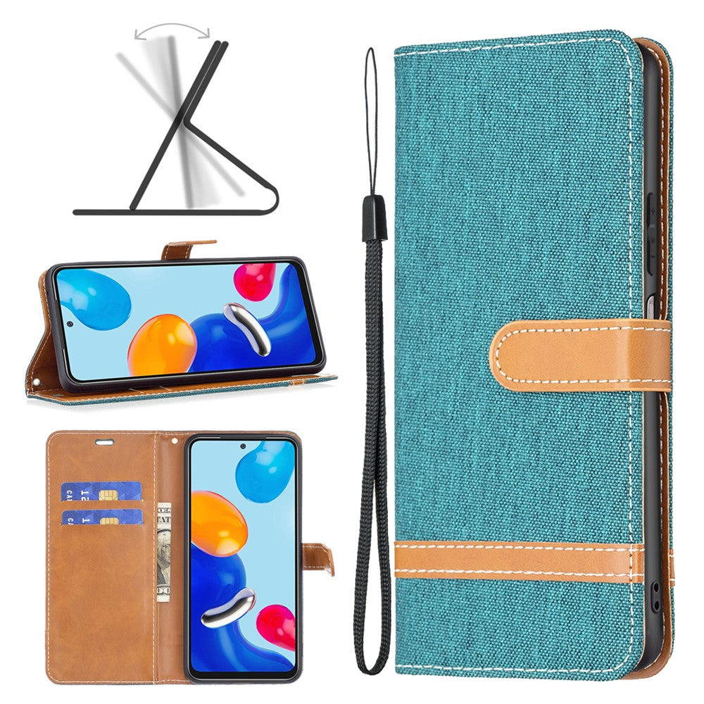 For Xiaomi Redmi Note 11 4G (Qualcomm) Jeans Cloth Texture Color Splicing Leather Cover Wallet Stand Flip Phone Case