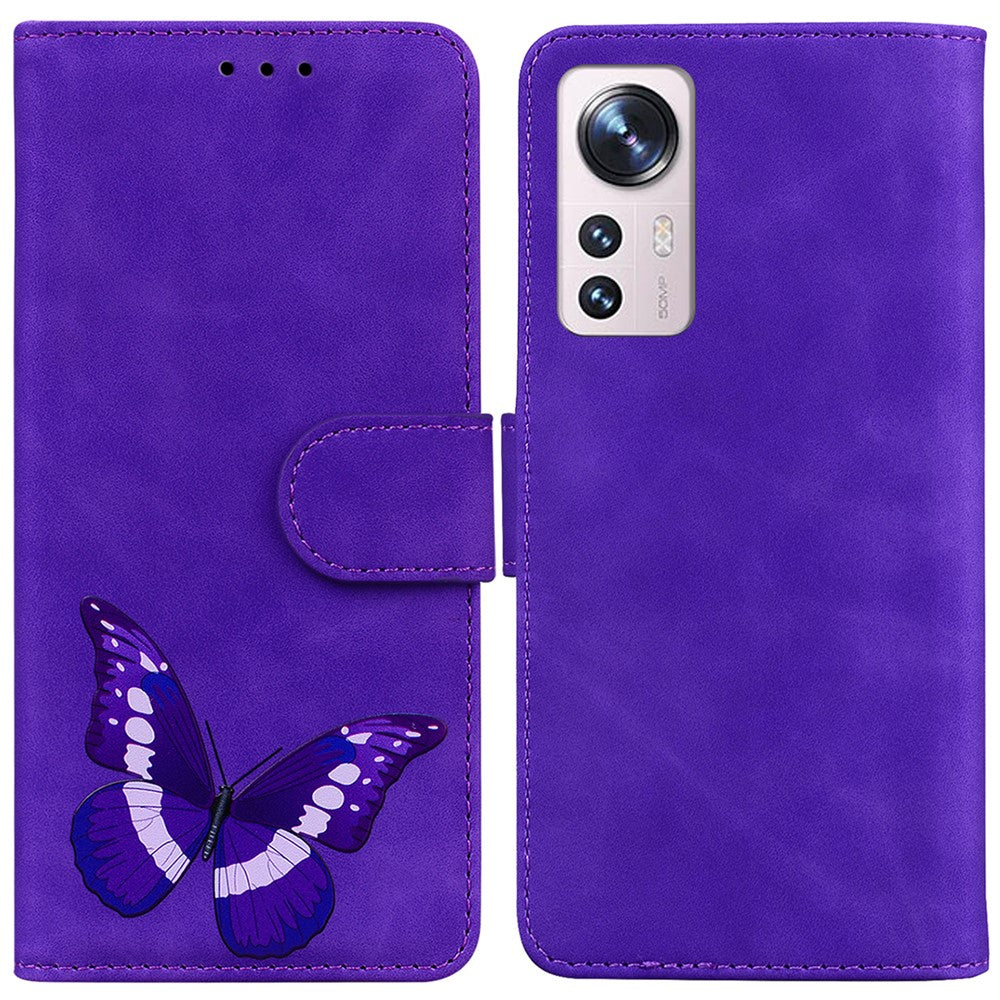 Magnetiskt stängningsskal för Xiaomi 12 Pro 5G/12S Pro 5G/12 Pro (Dimensity) 5G stötsäkert mobilskal med plånbok/ställ fjärilsmönster tryckt PU-läder fällbart fodral