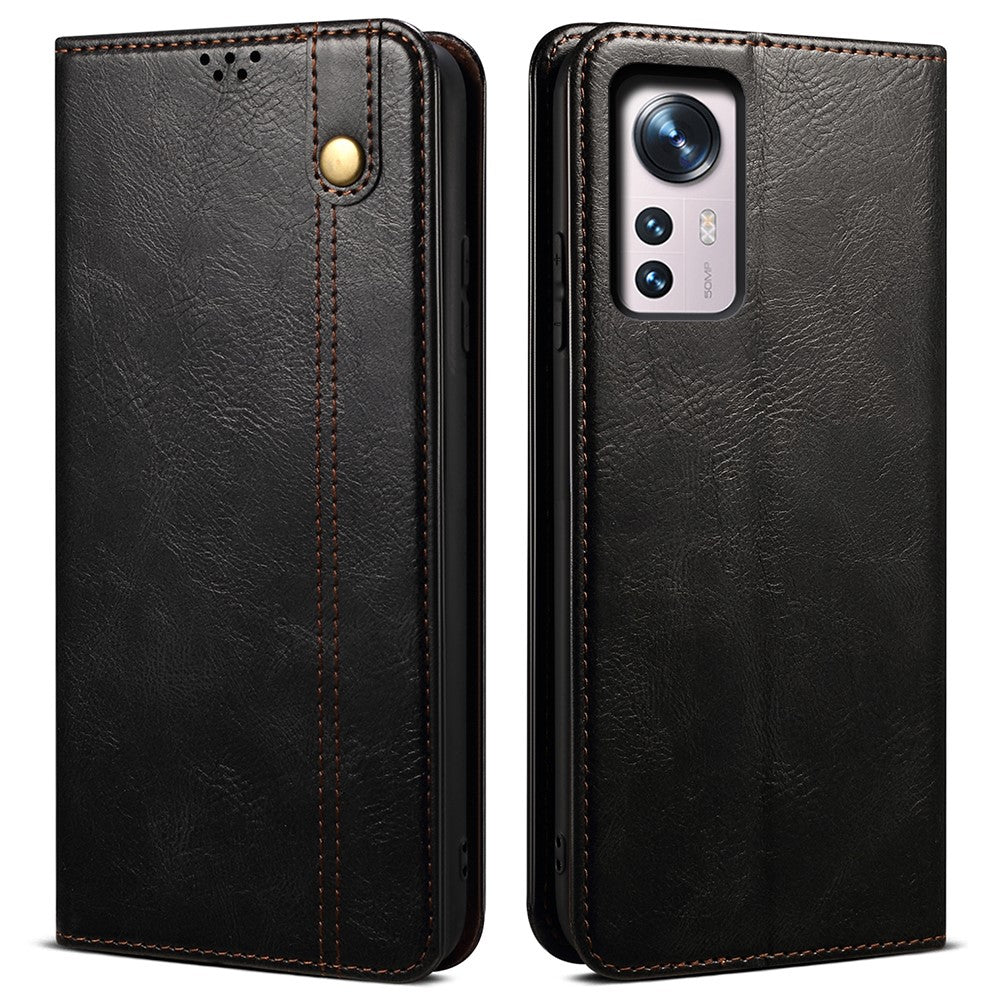 Xiaomi 12/12X/12S 5G plånboksfodral magnetiskt absorberande vaxartad galen häststruktur PU-läder stativfodral