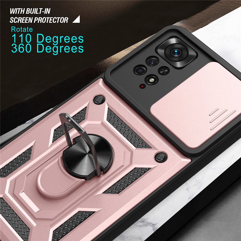 For Xiaomi Redmi Note 12 Pro 4G / 11 Pro 4G (MediaTek) / Note 11 Pro 5G (Qualcomm) PC + TPU Hybrid Slide Camera Cover Built-in Metal Sheet Mobile Phone Shell with Kickstand