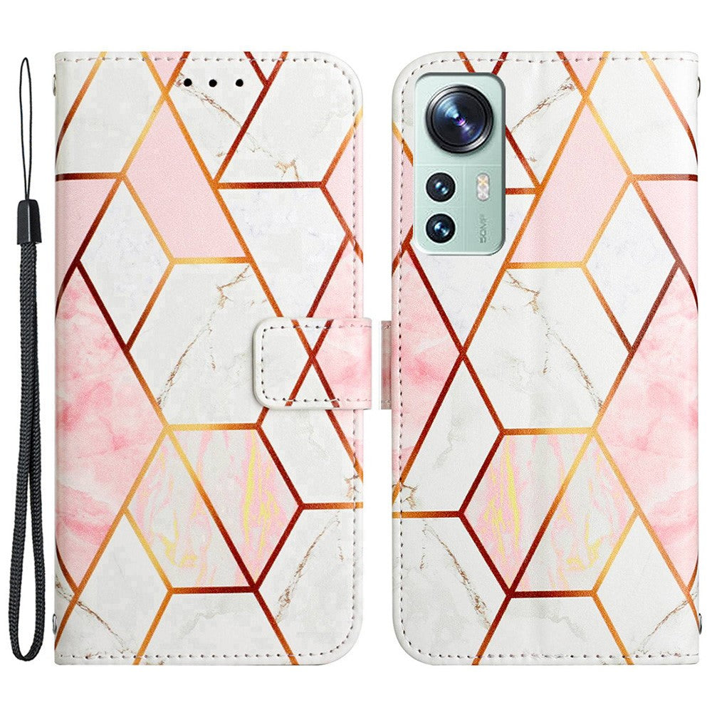 YB cover med mønstertryk i læderserie 5 til Xiaomi 12/12X/12S 5G, trykt marmormønster, pung, flipcover, stativ, fuldkropsbeskyttelse og aftagelig håndledsrem