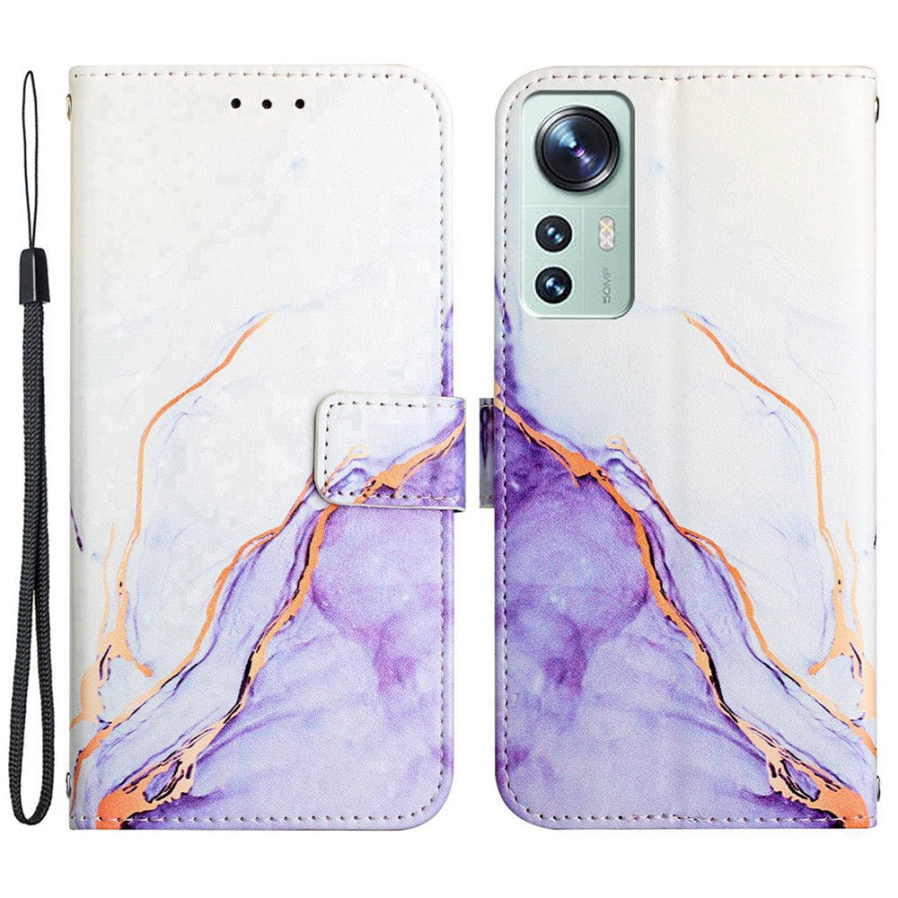 YB cover med mønstertryk i læderserie 5 til Xiaomi 12/12X/12S 5G, trykt marmormønster, pung, flipcover, stativ, fuldkropsbeskyttelse og aftagelig håndledsrem