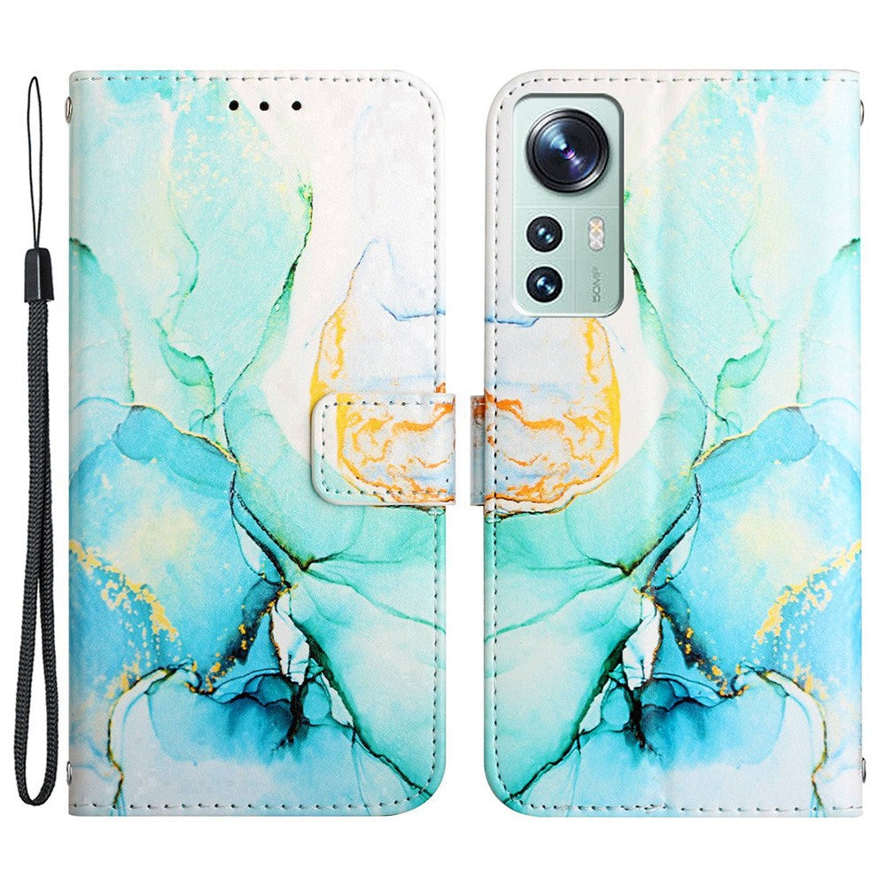 YB cover med mønstertryk i læderserie 5 til Xiaomi 12/12X/12S 5G, trykt marmormønster, pung, flipcover, stativ, fuldkropsbeskyttelse og aftagelig håndledsrem