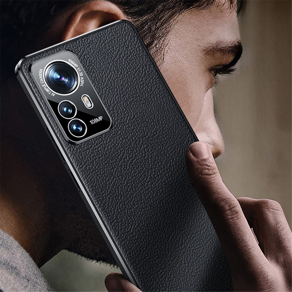 For Xiaomi 12/12X/12S 5G Light Slim Electroplated Textured Case Genuine Cowhide Leather Coating TPU Protective Shell