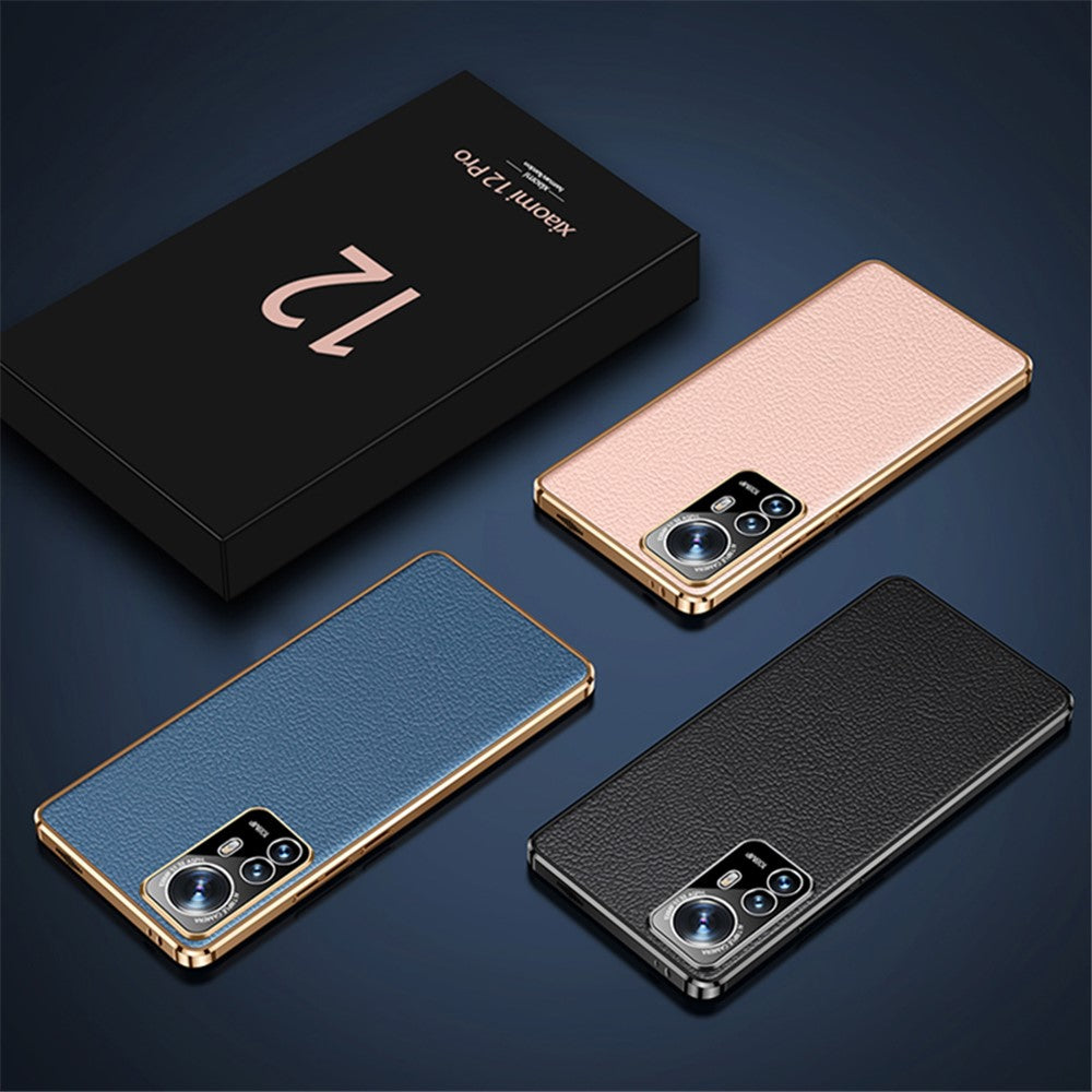 For Xiaomi 12/12X/12S 5G Light Slim Electroplated Textured Case Genuine Cowhide Leather Coating TPU Protective Shell