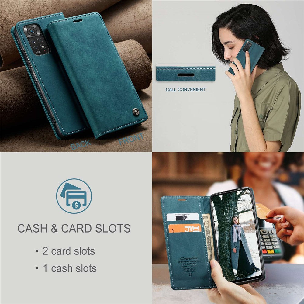 CASEME 013-serien för Xiaomi Redmi Note 11 4G (Qualcomm)/Note 11S 4G PU-läder stativ plånboksfodral självabsorberande magnetiskt mobilskal
