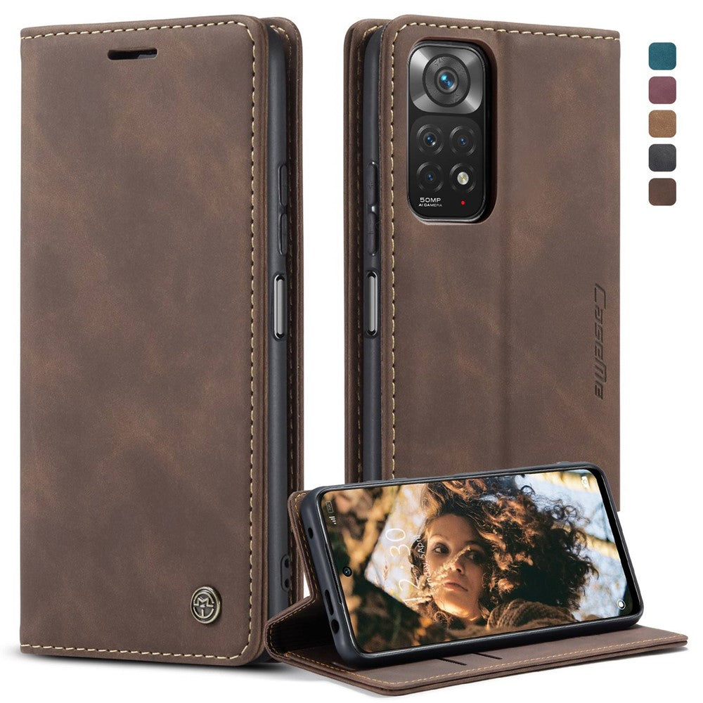 CASEME 013-serien för Xiaomi Redmi Note 11 4G (Qualcomm)/Note 11S 4G PU-läder stativ plånboksfodral självabsorberande magnetiskt mobilskal