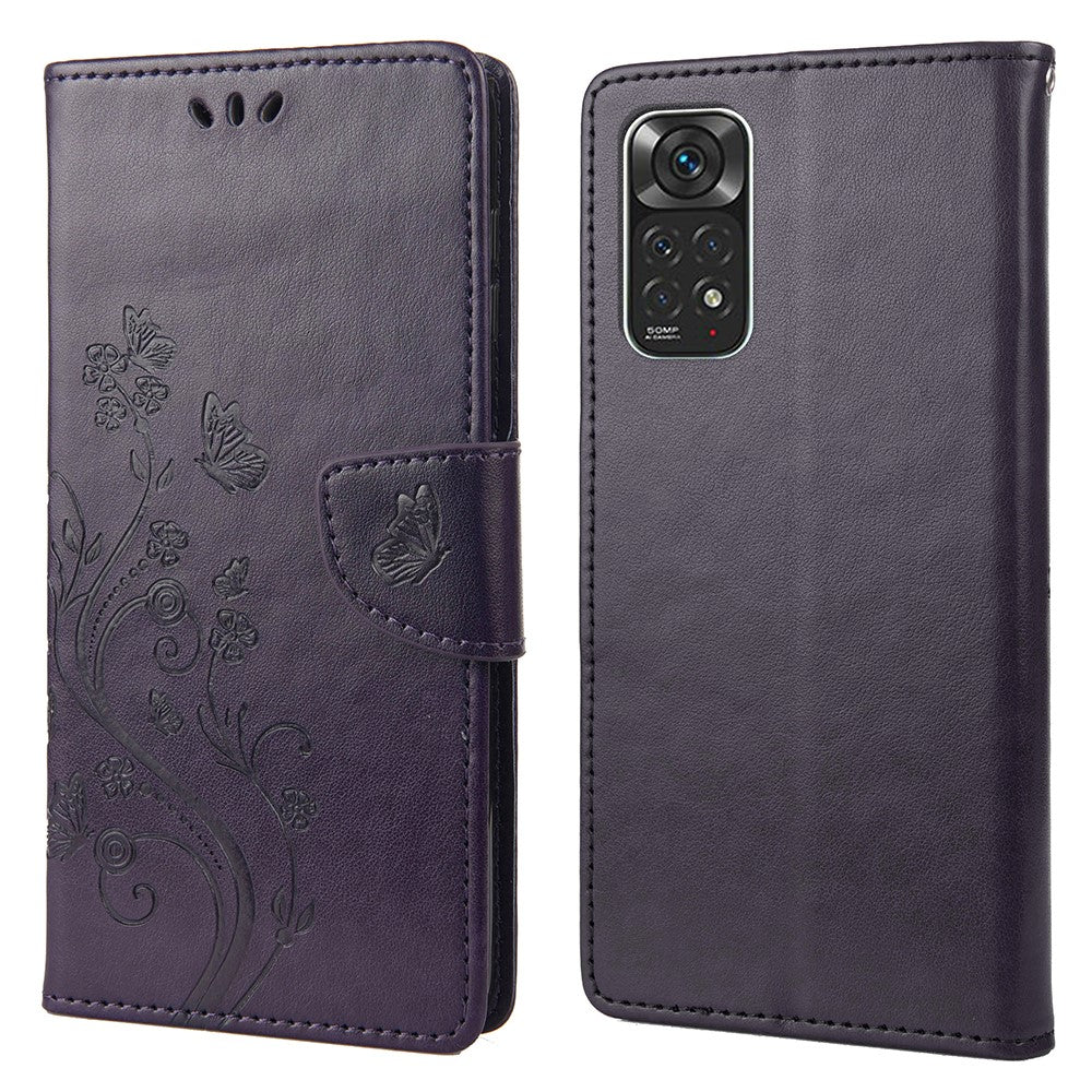 Xiaomi Redmi Note 11 4G (Qualcomm)/Redmi Note 11S 4G Präglade blommor fjärilsmönster PU-läderfodral plånboksfodral med stativ
