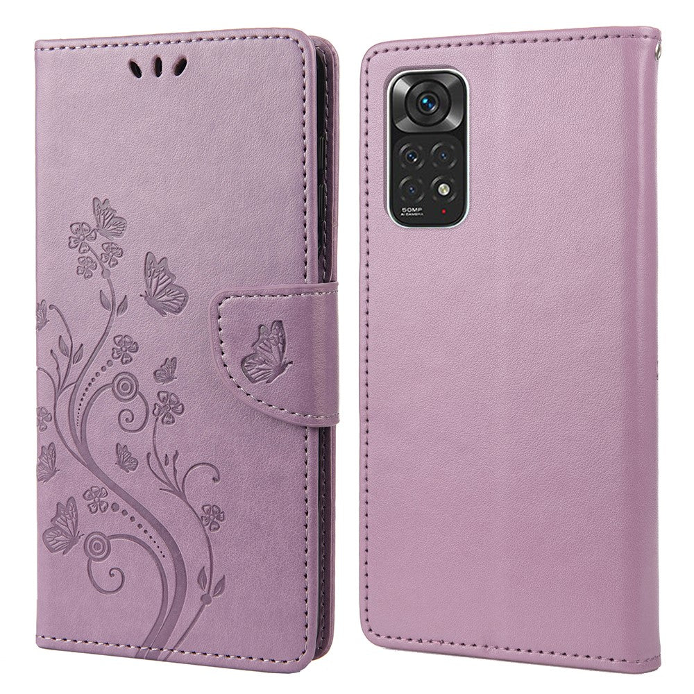 Xiaomi Redmi Note 11 4G (Qualcomm)/Redmi Note 11S 4G Präglade blommor fjärilsmönster PU-läderfodral plånboksfodral med stativ