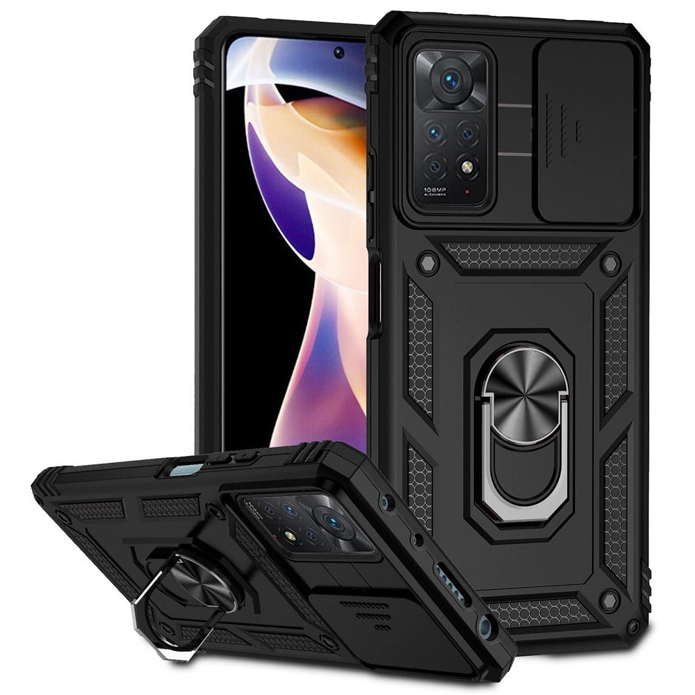 For Xiaomi Redmi Note 11 Pro 4G (MediaTek) / Redmi Note 11 Pro 5G (Qualcomm) Protector Hard PC + TPU Protective Case Rotating Ring Kickstand Phone Protector with Slide Camera Cover