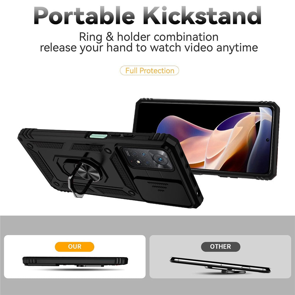 For Xiaomi Redmi Note 11 Pro 4G (MediaTek) / Redmi Note 11 Pro 5G (Qualcomm) Protector Hard PC + TPU Protective Case Rotating Ring Kickstand Phone Protector with Slide Camera Cover