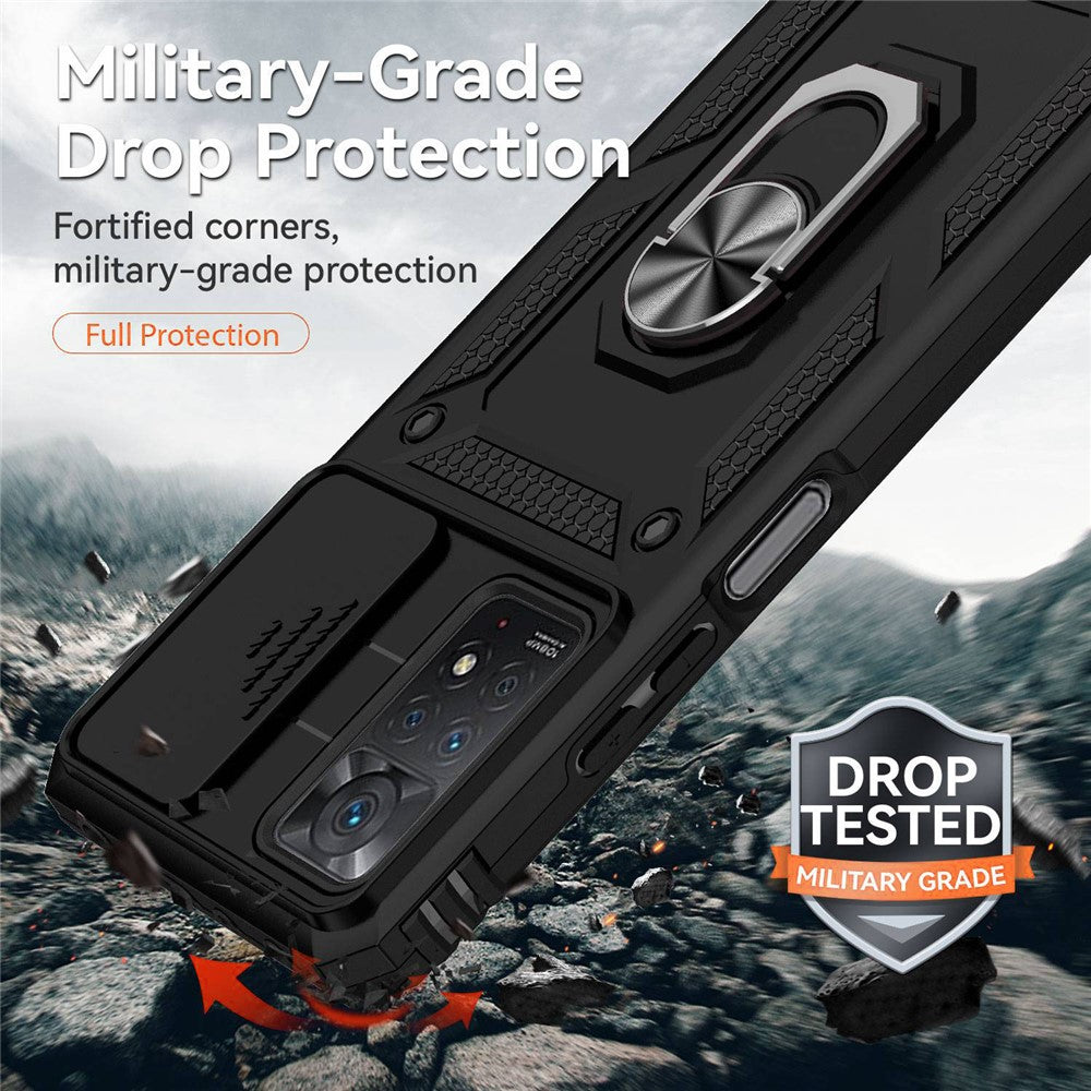 For Xiaomi Redmi Note 11 Pro 4G (MediaTek) / Redmi Note 11 Pro 5G (Qualcomm) Protector Hard PC + TPU Protective Case Rotating Ring Kickstand Phone Protector with Slide Camera Cover