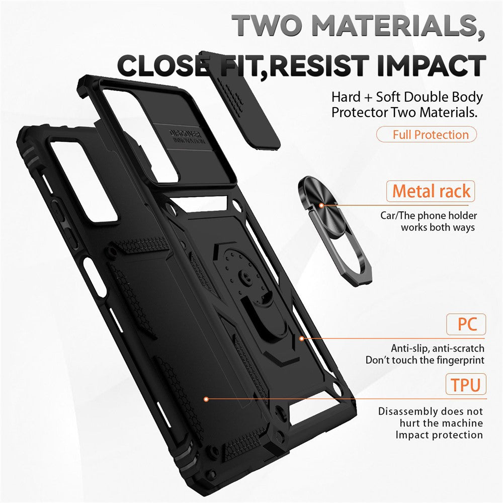 For Xiaomi Redmi Note 11 Pro 4G (MediaTek) / Redmi Note 11 Pro 5G (Qualcomm) Protector Hard PC + TPU Protective Case Rotating Ring Kickstand Phone Protector with Slide Camera Cover