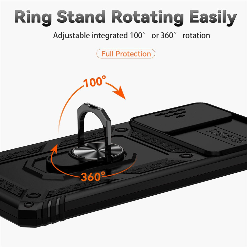 For Xiaomi Redmi Note 11 Pro 4G (MediaTek) / Redmi Note 11 Pro 5G (Qualcomm) Protector Hard PC + TPU Protective Case Rotating Ring Kickstand Phone Protector with Slide Camera Cover