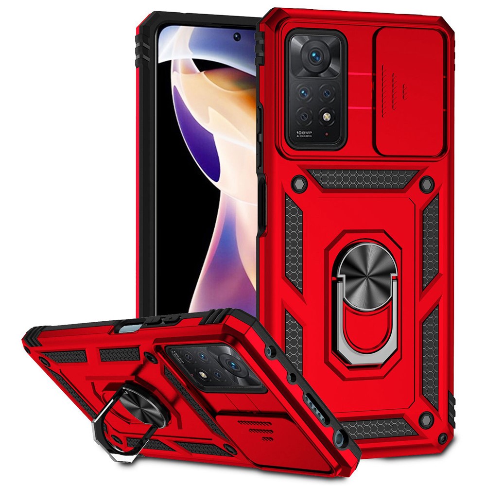 For Xiaomi Redmi Note 11 Pro 4G (MediaTek) / Redmi Note 11 Pro 5G (Qualcomm) Protector Hard PC + TPU Protective Case Rotating Ring Kickstand Phone Protector with Slide Camera Cover