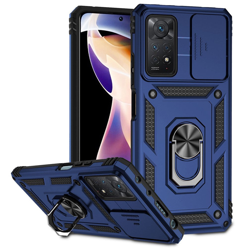 For Xiaomi Redmi Note 11 Pro 4G (MediaTek) / Redmi Note 11 Pro 5G (Qualcomm) Protector Hard PC + TPU Protective Case Rotating Ring Kickstand Phone Protector with Slide Camera Cover