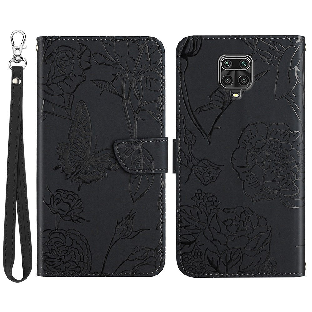 For Xiaomi Redmi Note 9 Pro 4G / Note 9 Pro Max / Note 9S Skin-touch Feeling Wallet Case Butterfly Flower Imprinted PU Leather Stand Flip Full-Body Protective Cover with Strap