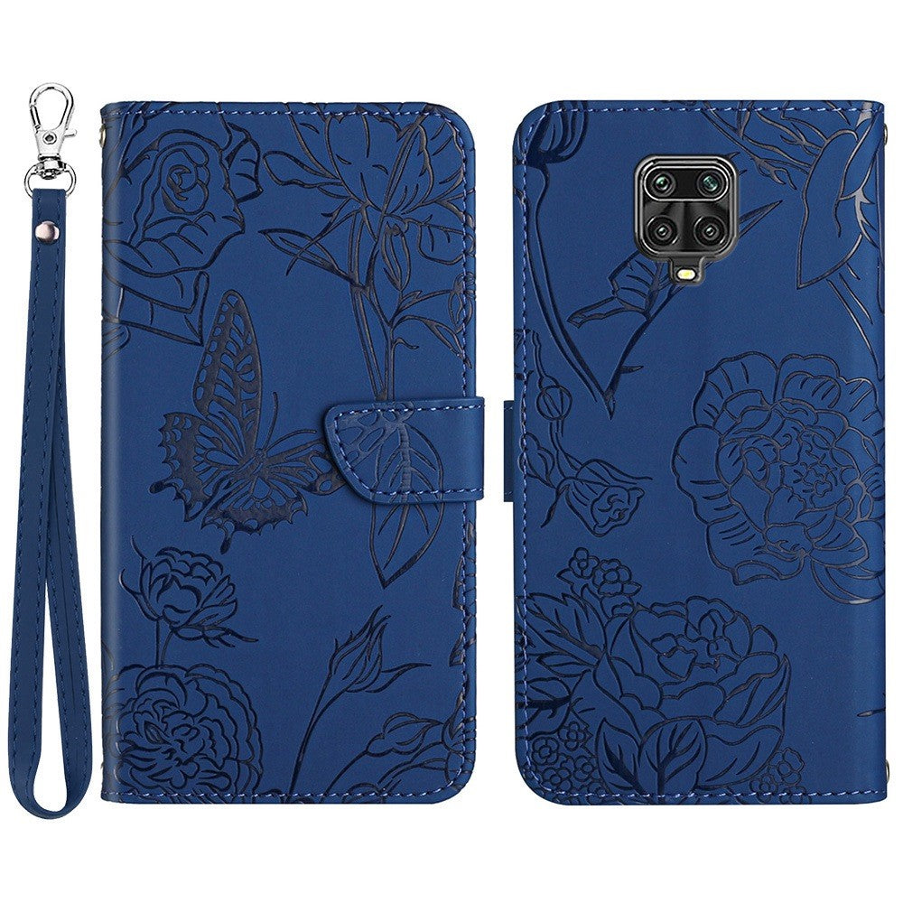For Xiaomi Redmi Note 9 Pro 4G / Note 9 Pro Max / Note 9S Skin-touch Feeling Wallet Case Butterfly Flower Imprinted PU Leather Stand Flip Full-Body Protective Cover with Strap
