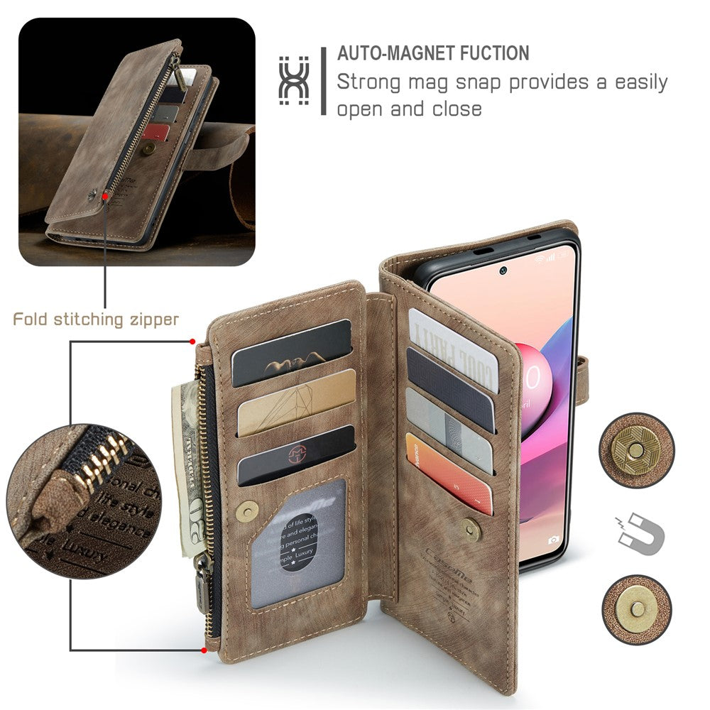 For Xiaomi Poco M5s 4G / Redmi Note 10 4G / Redmi Note 10S 4G Phone Cases with Strap CASEME C30 Zipper Multiple Card Holder PU Leather Cover