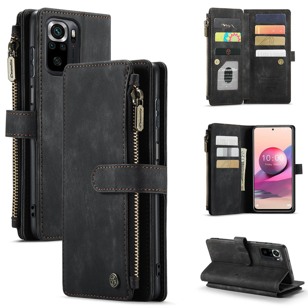 For Xiaomi Poco M5s 4G / Redmi Note 10 4G / Redmi Note 10S 4G Phone Cases with Strap CASEME C30 Zipper Multiple Card Holder PU Leather Cover