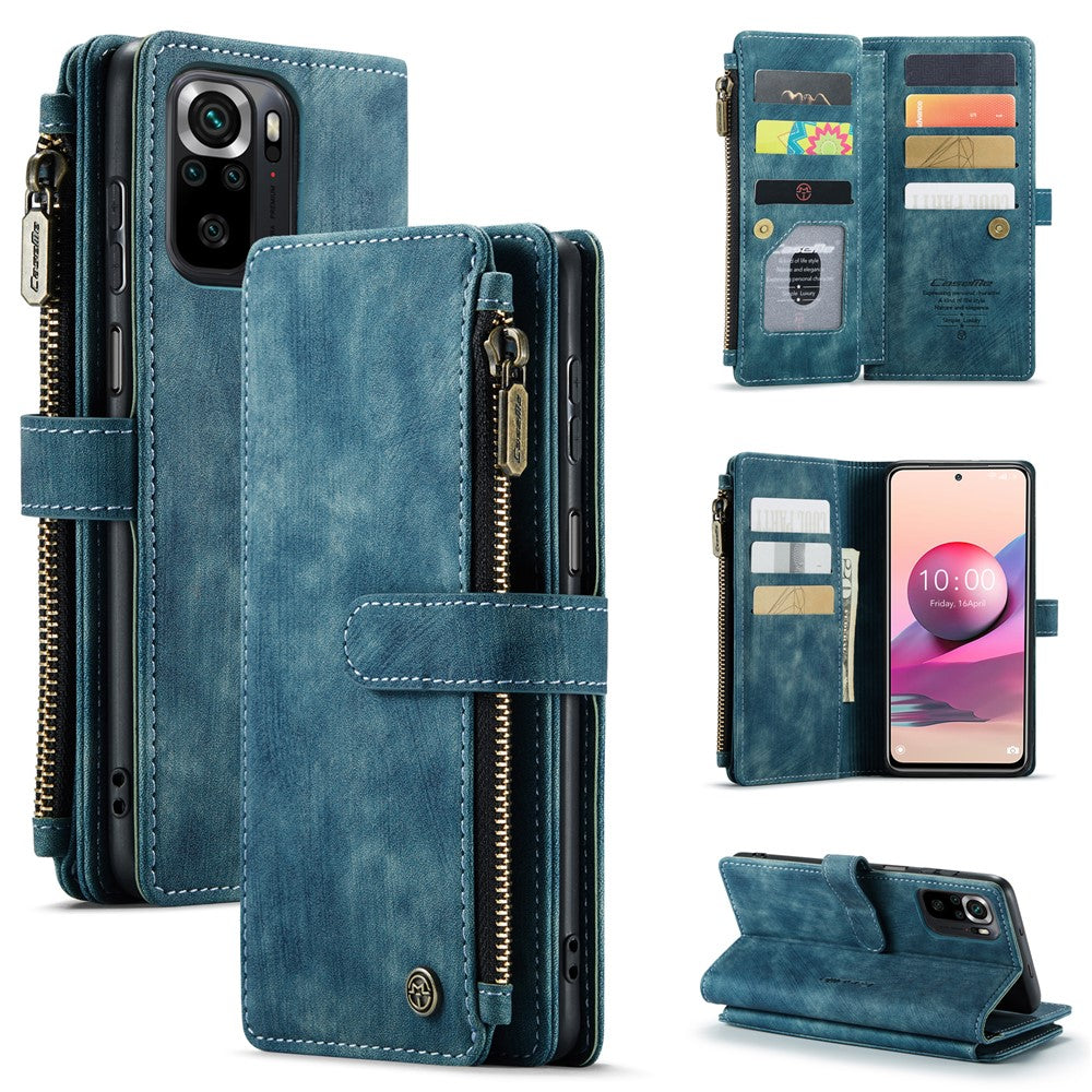 For Xiaomi Poco M5s 4G / Redmi Note 10 4G / Redmi Note 10S 4G Phone Cases with Strap CASEME C30 Zipper Multiple Card Holder PU Leather Cover