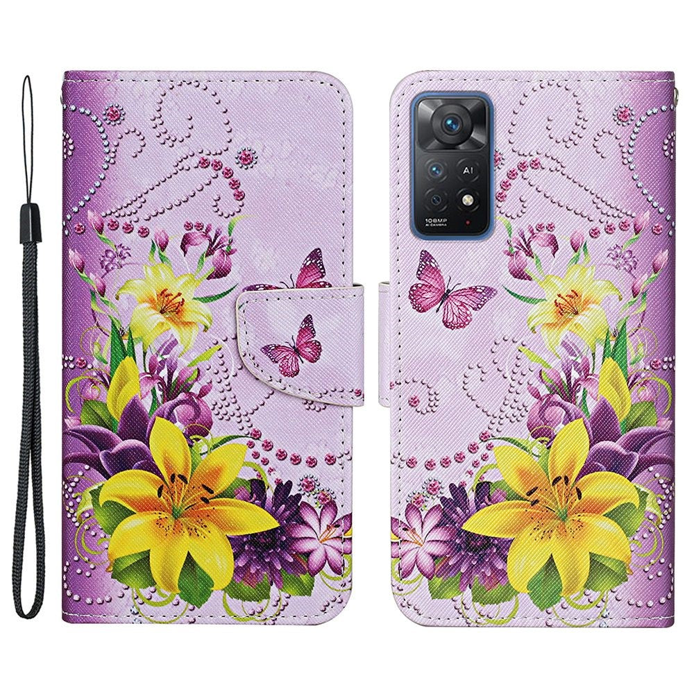 Pattern-Printing Leather Case for Xiaomi Redmi Note 11 Pro 4G (MediaTek)/Note 11 Pro 5G (Qualcomm), Cross Texture Leather Phone Shell with Strap Wallet and Stand