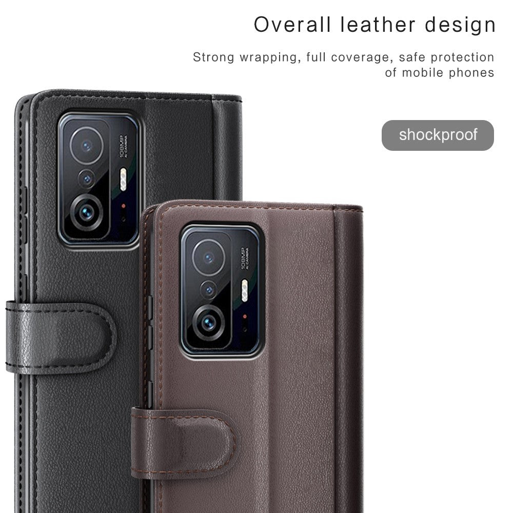 For Xiaomi 11T/11T Pro Split Genuine Leather Phone Case TPU Inner Shell Wallet Stand Folio Flip Cover