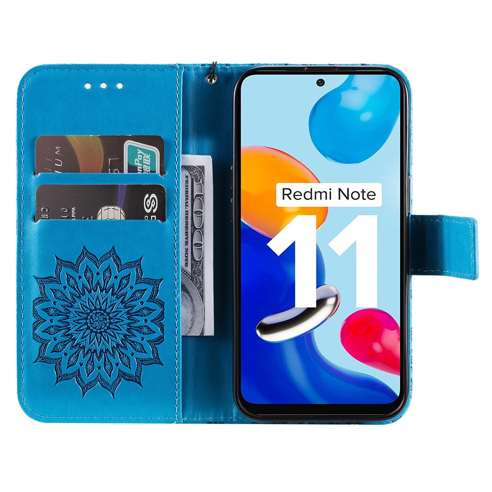 KT Imprinting Flower Series-1 Mandala Imprint PU Leather Cover for Xiaomi Redmi Note 11S 4G/Note 11 4G (Qualcomm), Sunflower Pattern Imprinting Wallet Stand Phone Shell