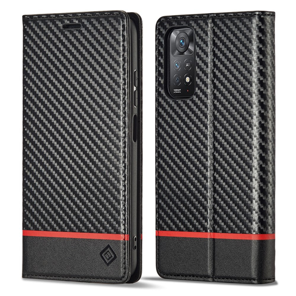 LC.IMEEKE stødsikkert flip-pungetui til Xiaomi Redmi Note 11 4G (Qualcomm)/Note 11S 4G, PU-læder med kulfibertekstur, stativ, magnetisk, selvabsorberende mobilcover