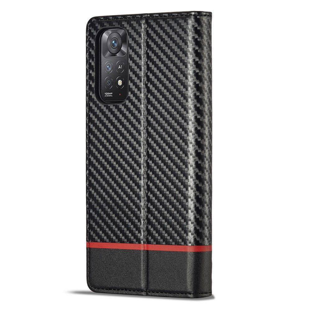LC.IMEEKE stødsikkert flip-pungetui til Xiaomi Redmi Note 11 4G (Qualcomm)/Note 11S 4G, PU-læder med kulfibertekstur, stativ, magnetisk, selvabsorberende mobilcover