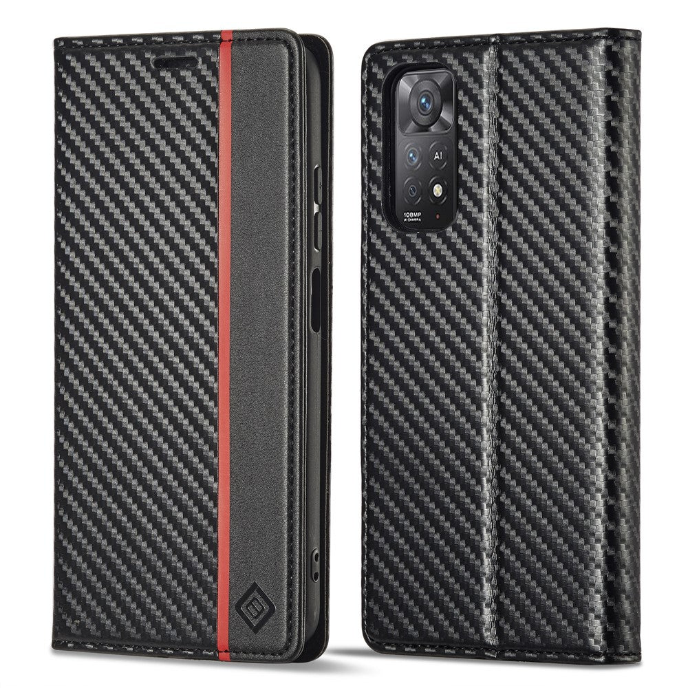 LC.IMEEKE stødsikkert flip-pungetui til Xiaomi Redmi Note 11 4G (Qualcomm)/Note 11S 4G, PU-læder med kulfibertekstur, stativ, magnetisk, selvabsorberende mobilcover