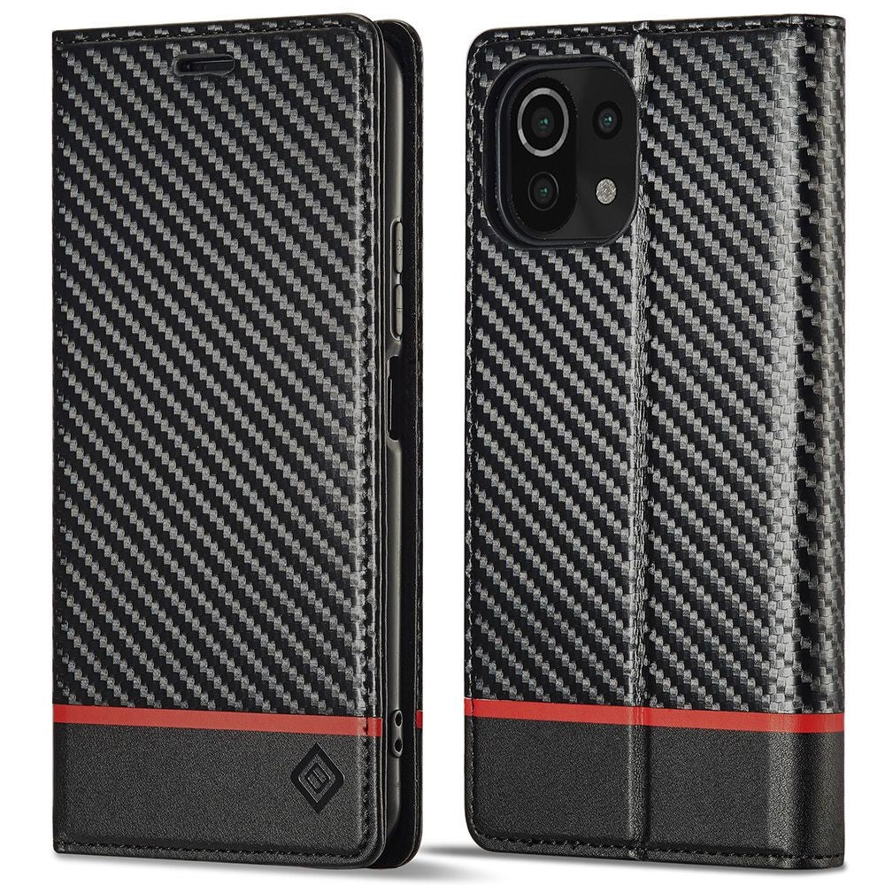 LC.IMEEKE För Xiaomi 11 Lite 5G NE/Mi 11 Lite 5G/4G Flip-plånboksfodral, PU-läder, kolfibertextur, stativ, magnetiskt, självabsorberande folio-mobilskal