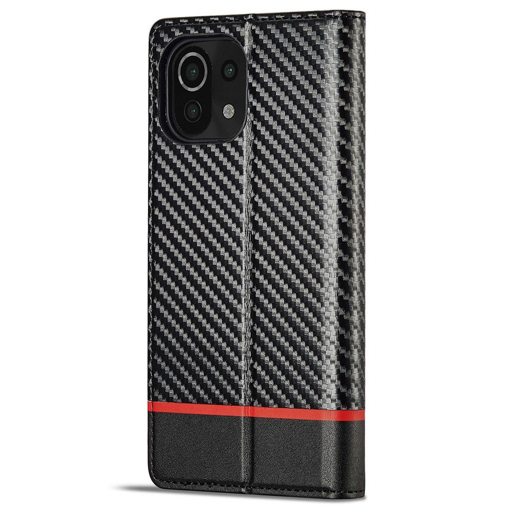 LC.IMEEKE För Xiaomi 11 Lite 5G NE/Mi 11 Lite 5G/4G Flip-plånboksfodral, PU-läder, kolfibertextur, stativ, magnetiskt, självabsorberande folio-mobilskal