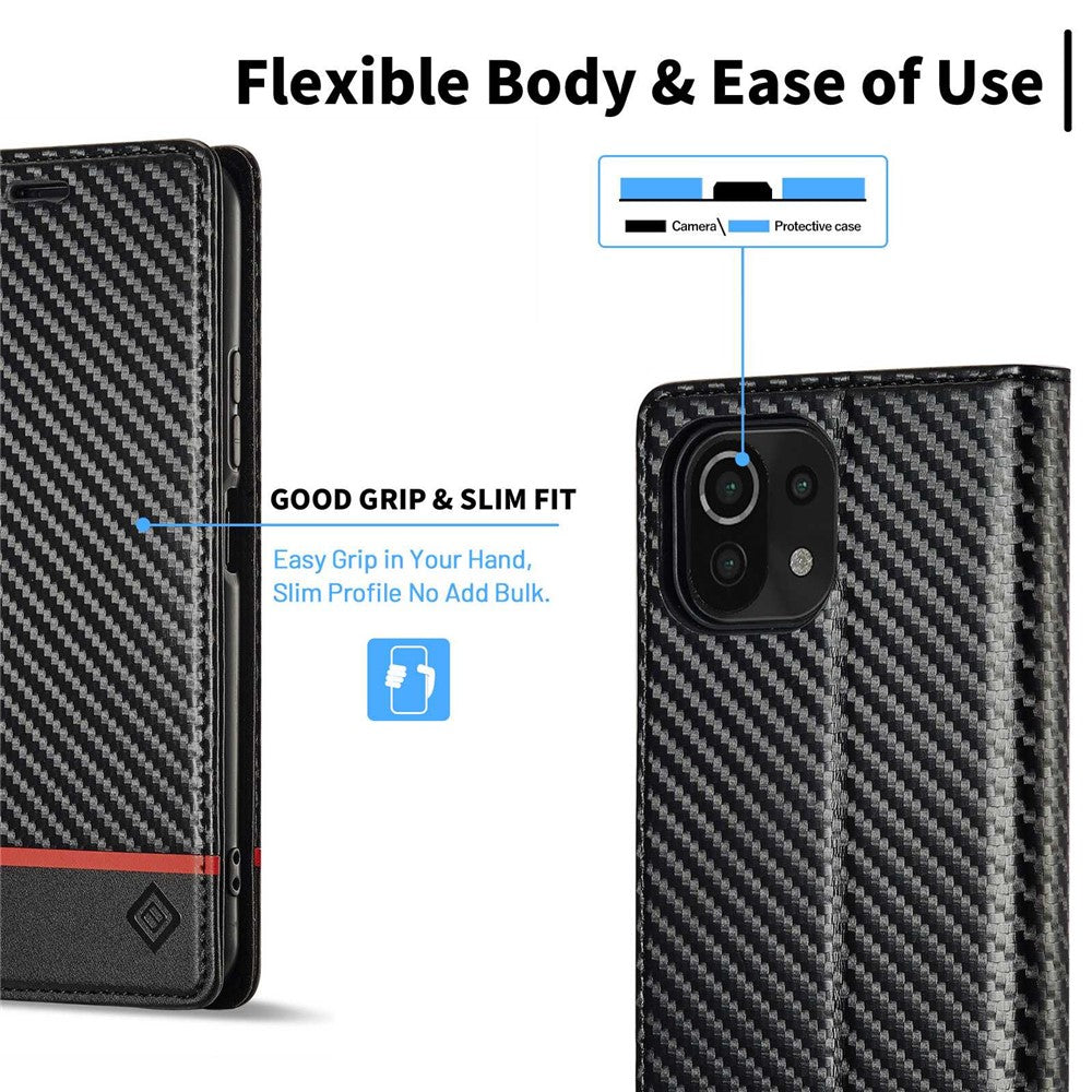 LC.IMEEKE För Xiaomi 11 Lite 5G NE/Mi 11 Lite 5G/4G Flip-plånboksfodral, PU-läder, kolfibertextur, stativ, magnetiskt, självabsorberande folio-mobilskal