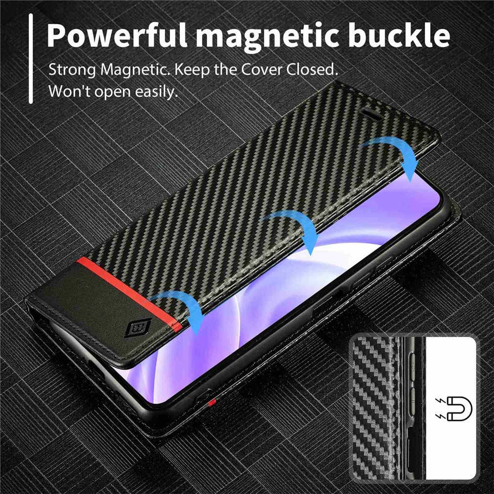 LC.IMEEKE För Xiaomi 11 Lite 5G NE/Mi 11 Lite 5G/4G Flip-plånboksfodral, PU-läder, kolfibertextur, stativ, magnetiskt, självabsorberande folio-mobilskal