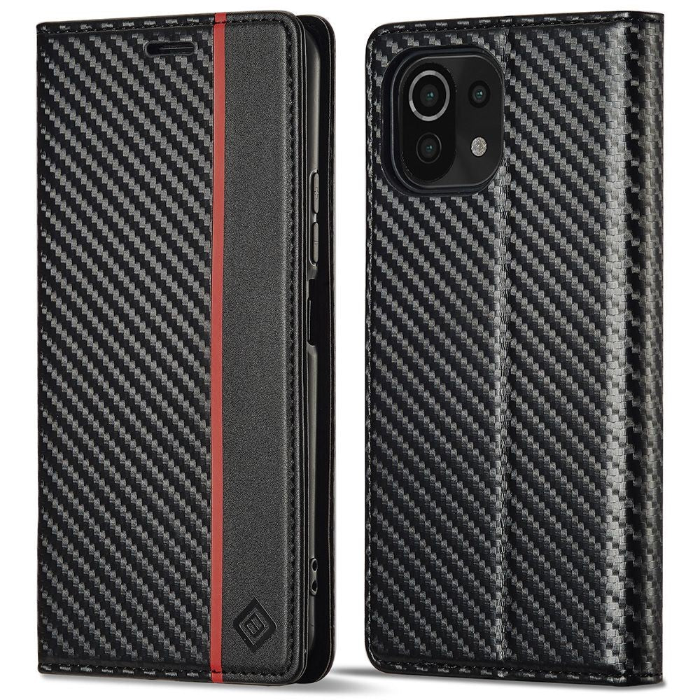 LC.IMEEKE För Xiaomi 11 Lite 5G NE/Mi 11 Lite 5G/4G Flip-plånboksfodral, PU-läder, kolfibertextur, stativ, magnetiskt, självabsorberande folio-mobilskal