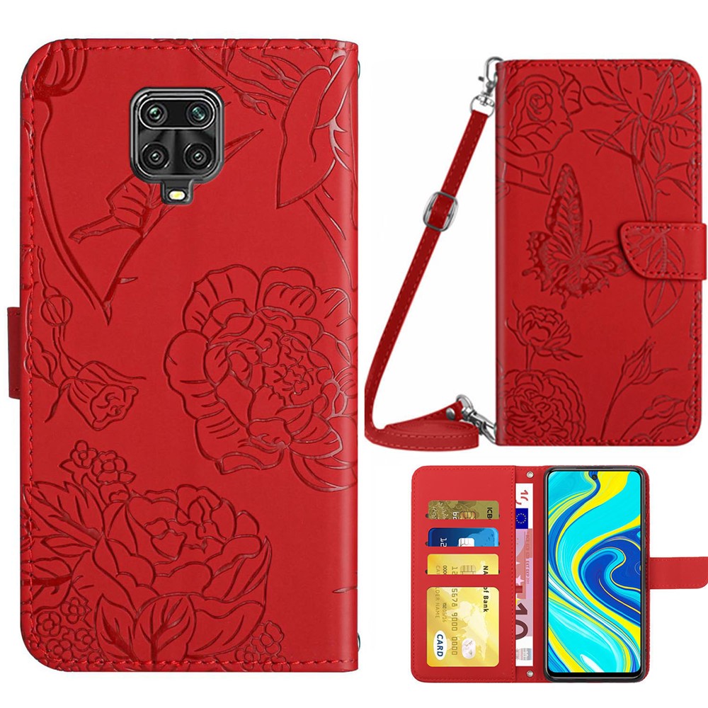 For Xiaomi Redmi Note 9 Pro/Note 9 Pro Max/Note 9S Butterfly Flower Imprinting Pattern Wallet Flip Case PU Leather Bookstyle Stand Magnetic Cove with Shoulder Strap