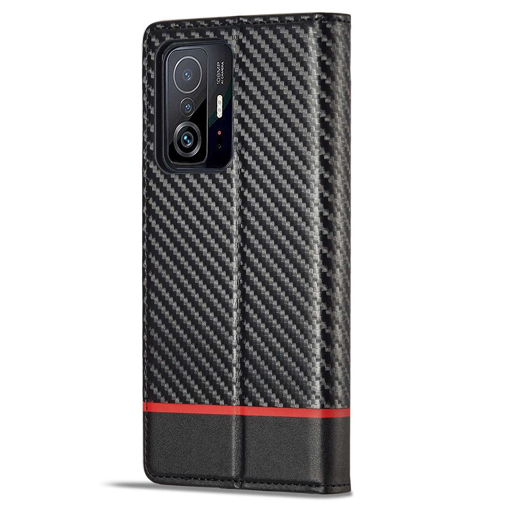 LC.IMEEKE Carbon Fiber Texture Leather Flip Case for Xiaomi 11T/11T Pro, Wallet Style Magnetic Auto-absorbed Stand View Protective Phone Cover