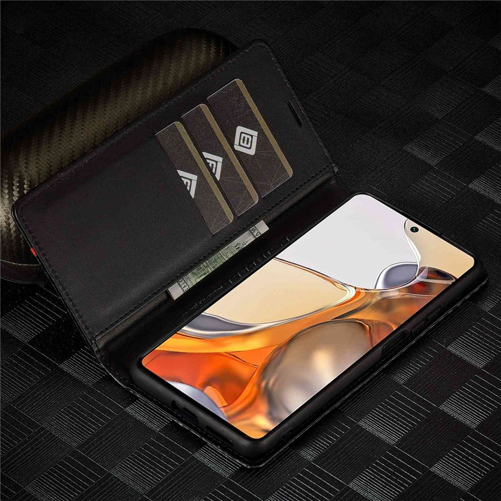 LC.IMEEKE Carbon Fiber Texture Leather Flip Case for Xiaomi 11T/11T Pro, Wallet Style Magnetic Auto-absorbed Stand View Protective Phone Cover