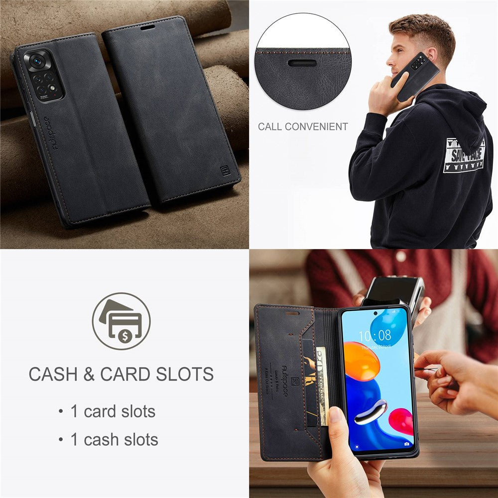 AUTSPACE A01-serien för Xiaomi Redmi Note 11 4G (Qualcomm)/Note 11S 4G PU-läderfodral RFID-blockerande plånboksfodral med fällbart skydd