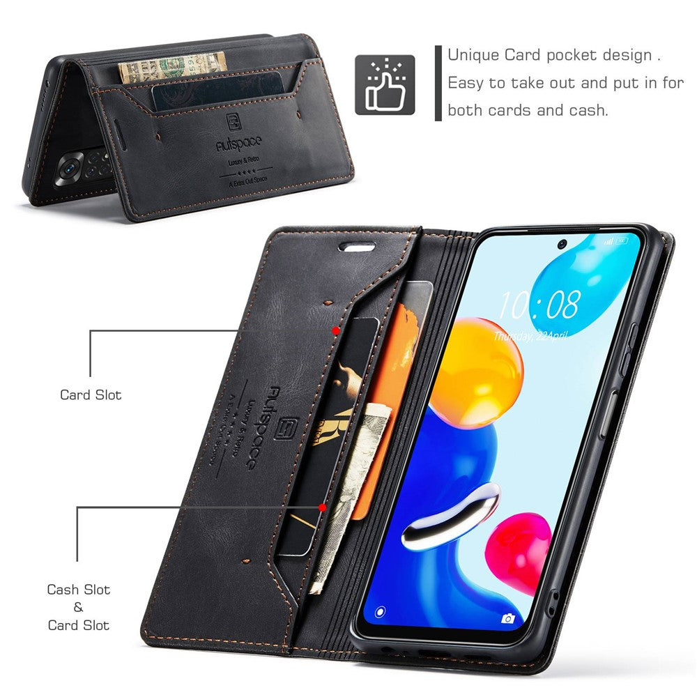 AUTSPACE A01-serien för Xiaomi Redmi Note 11 4G (Qualcomm)/Note 11S 4G PU-läderfodral RFID-blockerande plånboksfodral med fällbart skydd