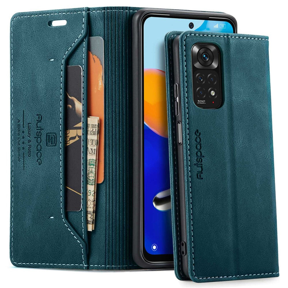 AUTSPACE A01 Series for Xiaomi Redmi Note 11 4G (Qualcomm)/Note 11S 4G PU Leather Case RFID Blocking Wallet Stand Flip Cover