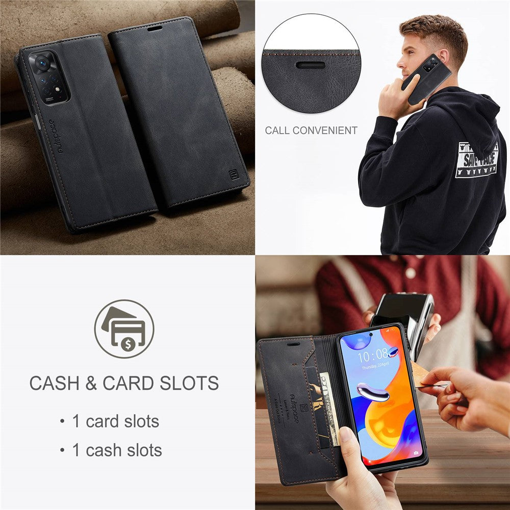 AUTSPACE A01-serien för Xiaomi Redmi Note 12 Pro 4G / 11 Pro 4G (MediaTek) / Note 11 Pro 5G (Qualcomm) Läderfodral RFID-blockerande stativskydd