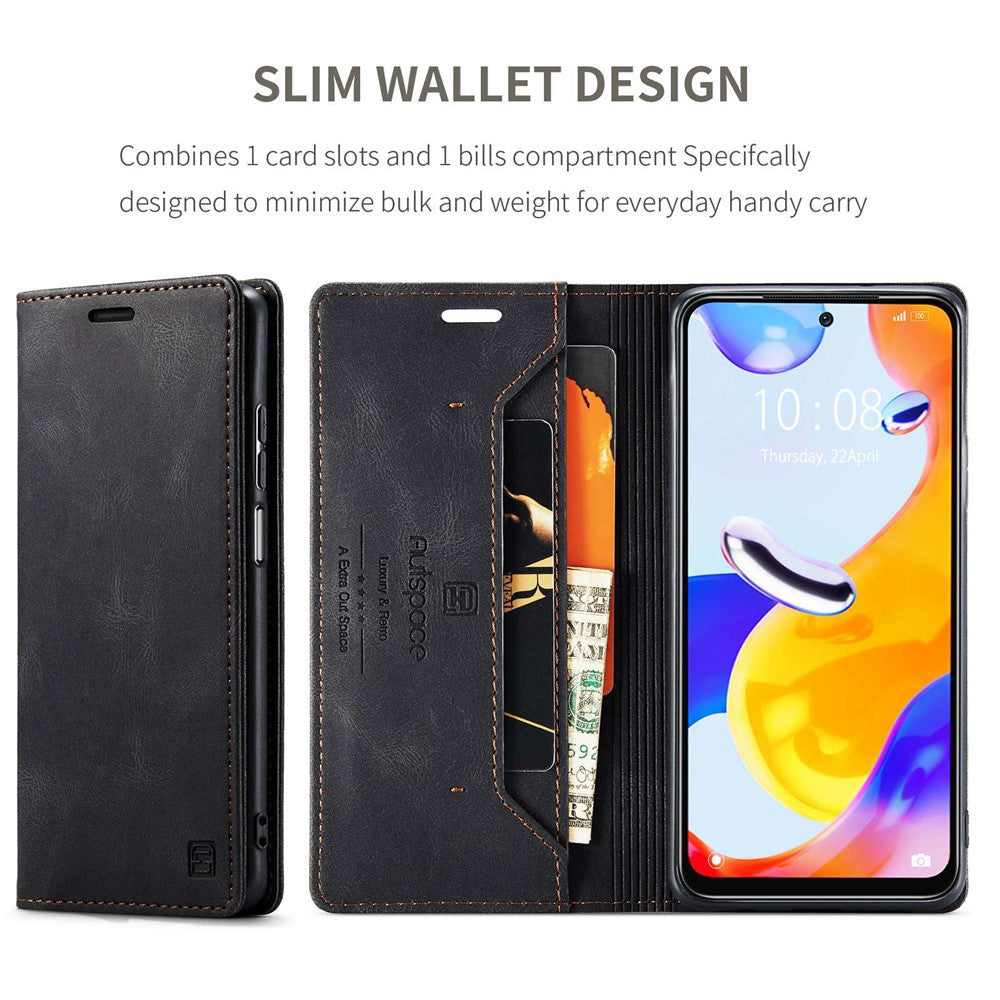 AUTSPACE A01-serien för Xiaomi Redmi Note 12 Pro 4G / 11 Pro 4G (MediaTek) / Note 11 Pro 5G (Qualcomm) Läderfodral RFID-blockerande stativskydd