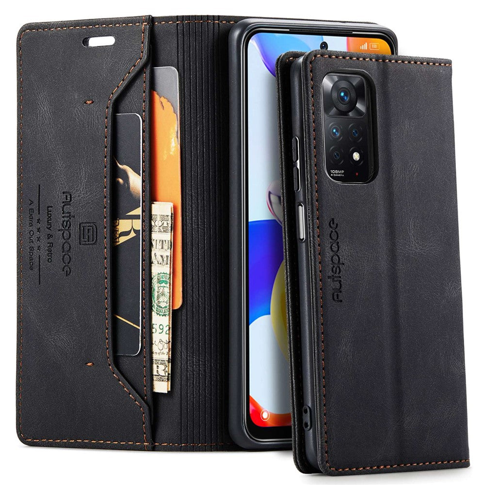 AUTSPACE A01-serien för Xiaomi Redmi Note 12 Pro 4G / 11 Pro 4G (MediaTek) / Note 11 Pro 5G (Qualcomm) Läderfodral RFID-blockerande stativskydd